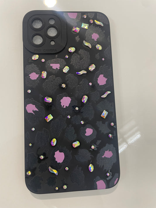 Black and pink leopard bling phone case
